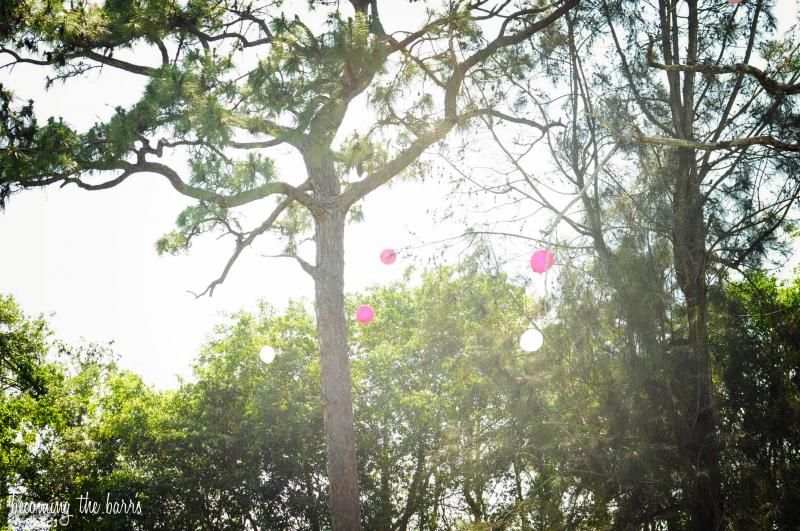 gender reveal pink balloons flying