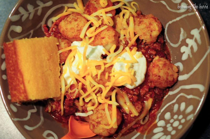 fall chili with bacon, tater tots, and cheese