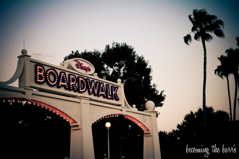 Disney boardwalk at sunset