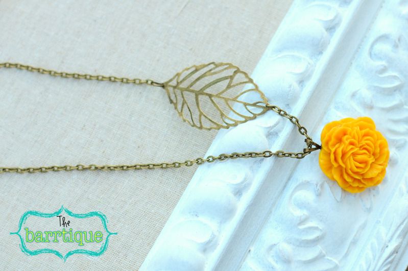 mustard yellow cabochon flower leaf necklace