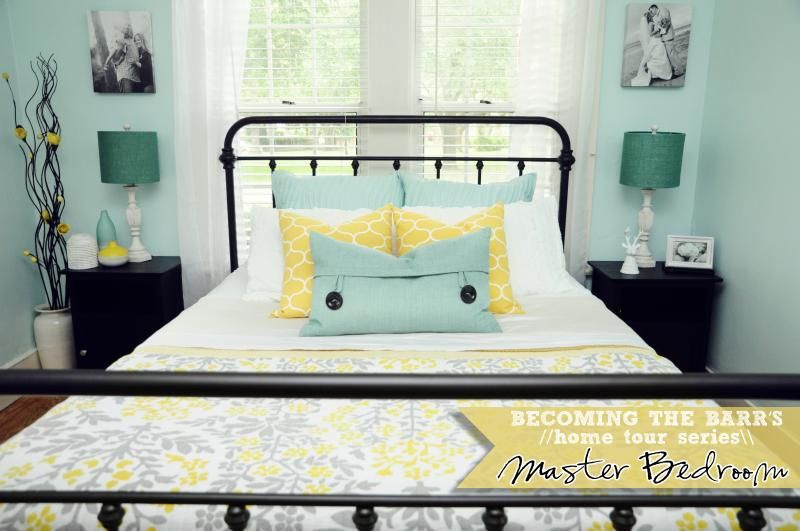 black and white, gray yellow teal master bedroom decor ideas
