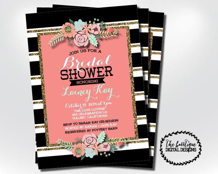 black white stripe glitter bridal shower invitation floral