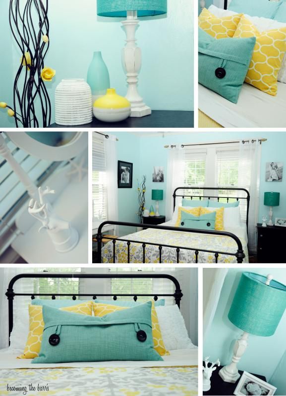 yellow teal room decor; valspar gossamer sky paint; light aqua master bedroom