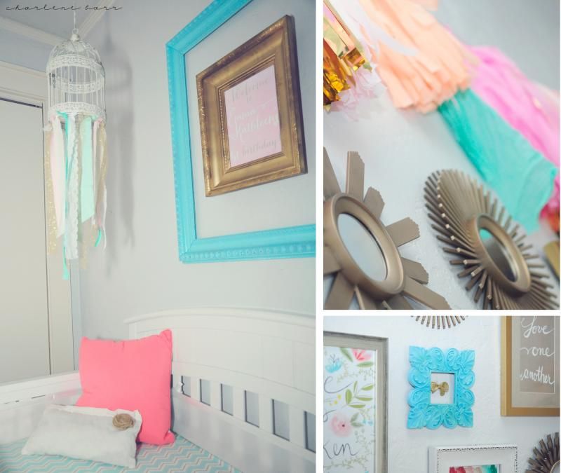 gold teal/turquoise coral pink accents crib nursery gallery wall; watercolor prints in nursery