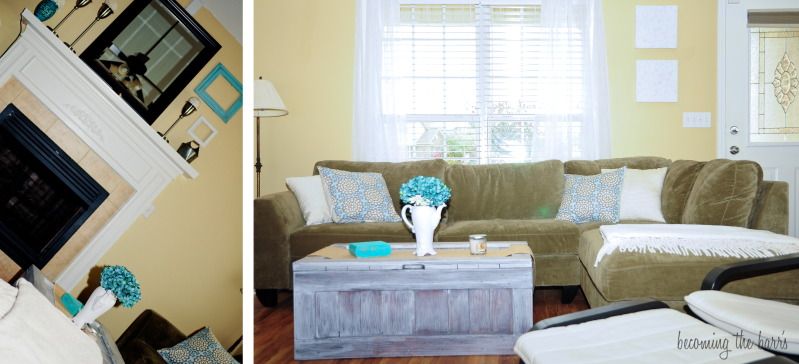 living room with teal accents; diy white washed coffee table