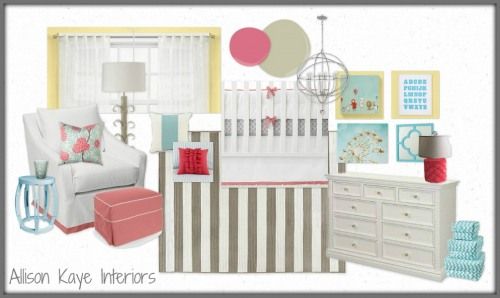 bright and cheery nursery, teal yellow coral nursery