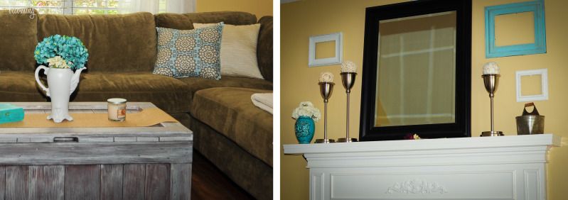 scattered frame mantel; diy whitewash coffee table trunk; amy butler wallflower pillows