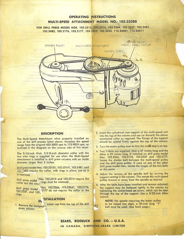 1953 Craftsman 9-2340  Vari-Slo Drill Press Attachment with Speed Chart