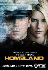 Poster for Homeland showing top body shots of Carrie standing behind Brody, who is wearing amilitary dress uniform. White text reads The nation see s a hero. She sees threat