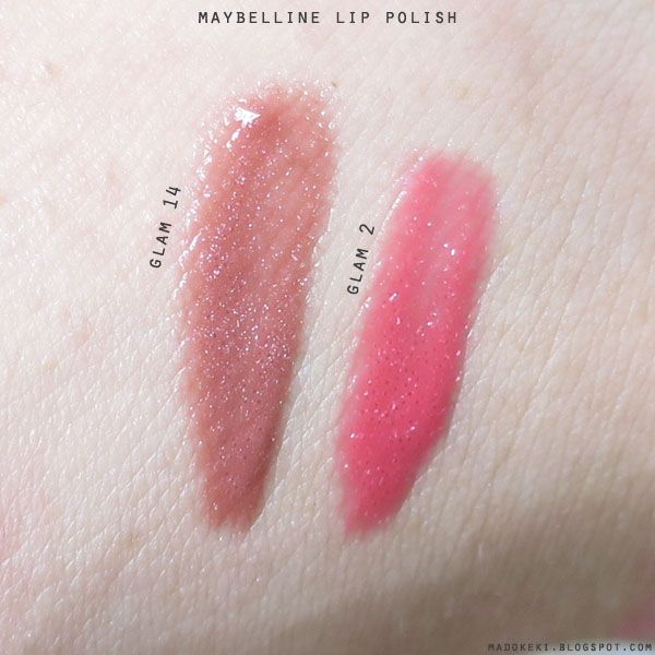 maybelline lip polish glam 2 | glam 14 lip elixir swatch