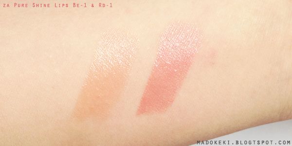 za Pure Shine Lips BE-1 Praline & RD-1 Rouge Indulge Swatch