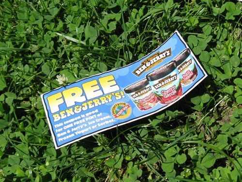 a Ben and Jerry's free pint coupon on the lawn