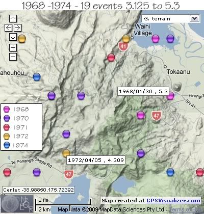  Mt. Tihia/Tokanaau quakes 1968-1974 by location and year 