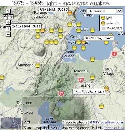  light to moderate quakes south eastern lake taupo area 1975-1985