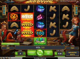 Wild Rockets is set inside a warehouse full of fireworks, with reels overlooking a late night city landscape, changing to a street level view of the city skyline when players win Free Spins