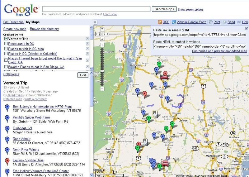 For example, here's my personalized Google Map for the Vermont trip: