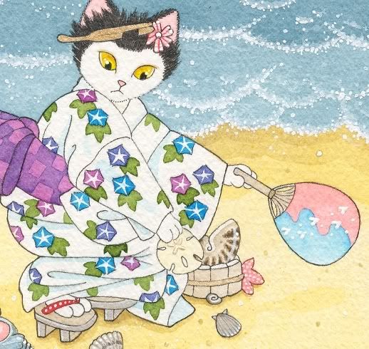 Kimono cat yukata seashells copyright B. Mousseau 2006