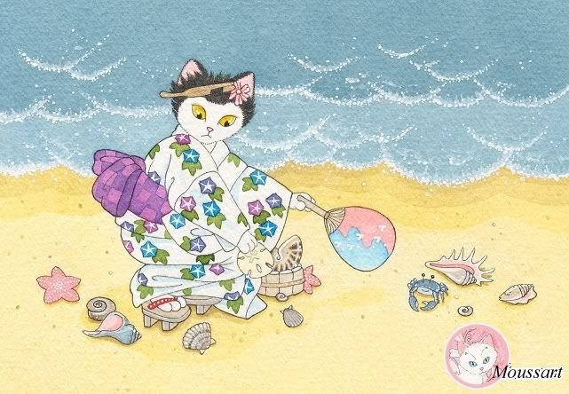 Kimono cat yukata seashells copyright B. Mousseau 2006