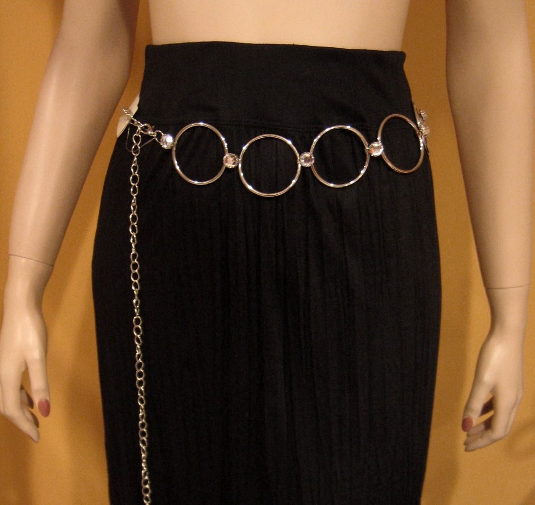 SILVER METAL CHAIN BELT Biker Vintage Insp O Rings n Crystal Gem 4x