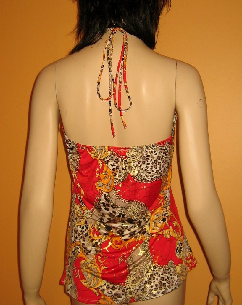 SLINKY TIE HALTER Drape Neck Top RED BLACK GOLD CHAIN Shirt 2x 4x PLUS SIZE 3X | eBay