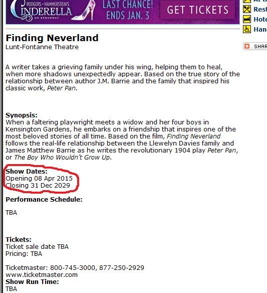 FINDING NEVERLAND sets Broadway closing date already?????