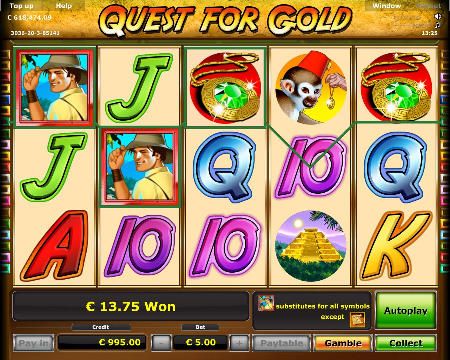 “Quest for Gold” is a 5, 10 or 20-line, 5-reel Slot featuring a fearless adventurer searching for treasures. 
