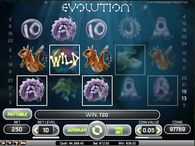 Evolution Video Slot is a 5 reel 25 line video slot powered by Net Entertainment Gaming Software.