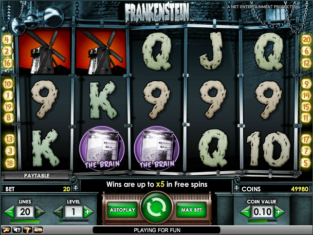 Frankensteinï¿½ is a 5 reel, 3 row and 20 bet line video slot with a maximum bet of ï¿½ 100. 