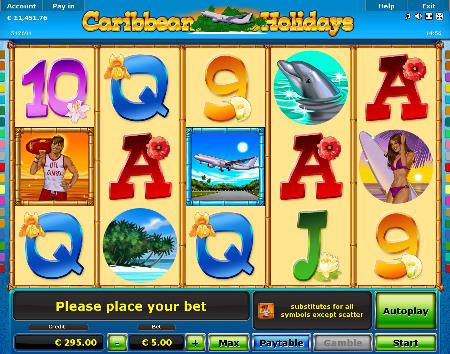“Caribbean Holidays” is a 5, 10 or 20-line, 5-reel slot machine featuring a holiday theme with Caribbean sun, sand and sea. 