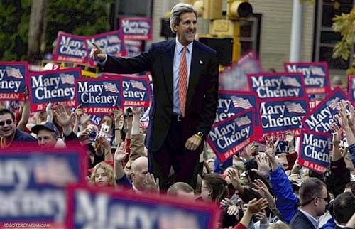 Foto-montagem, alusiva à afirmação de Kerry acerca do lesbianismo de Mary Cheney, a filha do Vice-Presidente de Bush, Dick Cheney