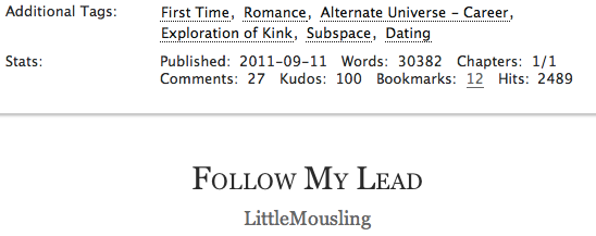 screenshot of AO3 showing 100 kudos on the story Follow My Lead