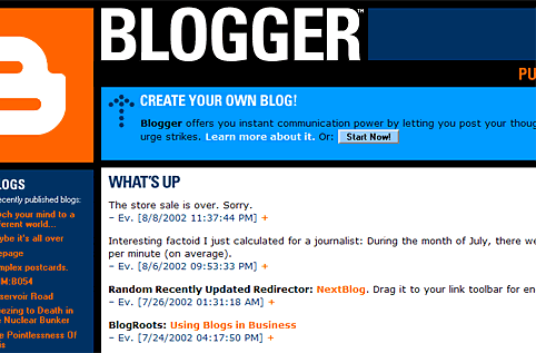 Blogger.com homepage July 23, 2002
