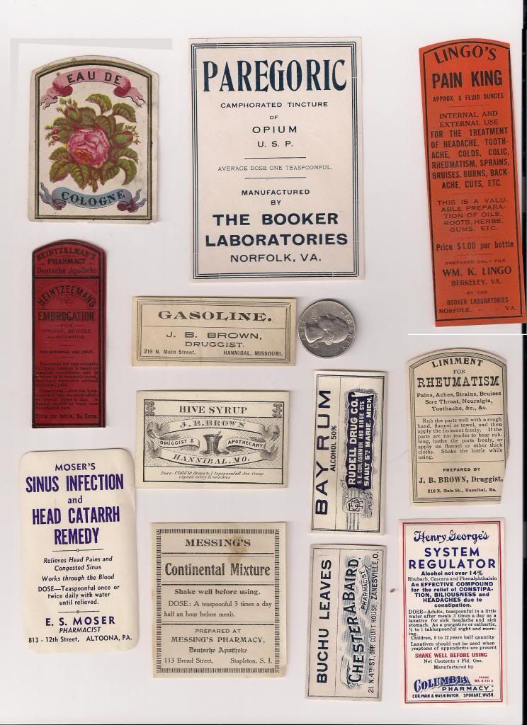 QUACK MEDICINE TRADE CARD + 51 MEDICINE BOTTLE LABELS *OPIUM!!* LOOK