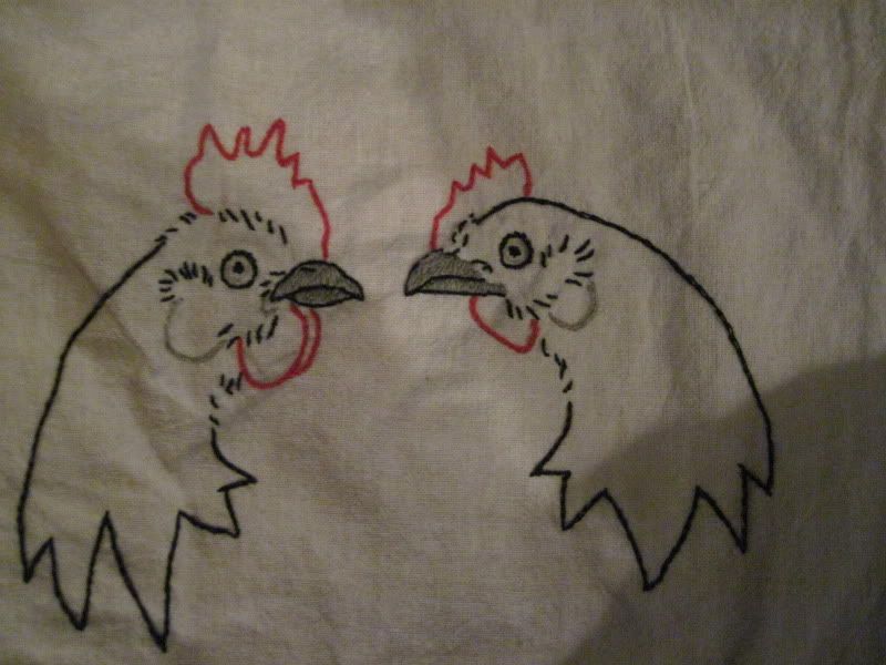 chickens,tea towel,embroidery,embroidered,embroidered chickens,chicken embroidery