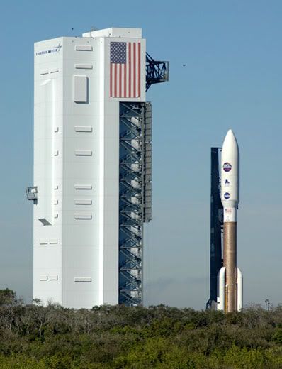 The Atlas V rocket carrying New Horizons departs from its vehicle assembly building and heads for Launch Complex 41.