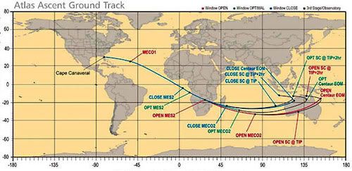 A chart showing the flight path the Atlas V rocket will take over the planet.  New Horizons will begin its escape boost out of Earth orbit above Australia.
