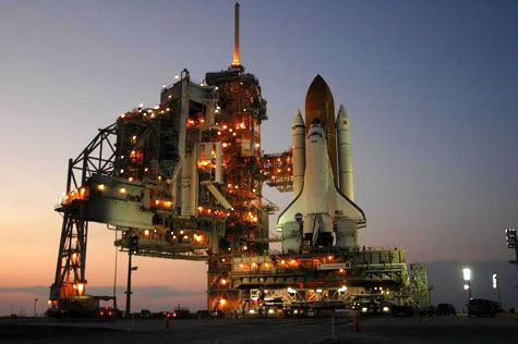Space Shuttle Discovery arrives at Launch Pad 39B following an 8-hour, 4.2 mile trek from the Vehicle Assembly Building that started at 9:45 AM, PST today.