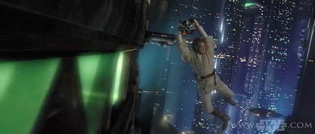 Obi-Wan hanging on an assassin droid as it flies through Coruscant's cityscape