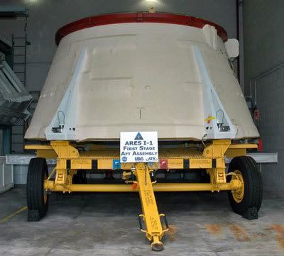 The aft skirt that will be part of the first stage solid rocket booster on ARES I-1 is placed inside the Assembly and Refurbishment Facility at Kennedy Space Center.