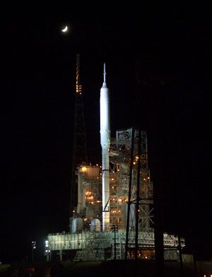 The Moon shines above the ARES I-X rocket at Launch Complex 39B at NASA's Kennedy Space Center in Florida, on October 23, 2009.