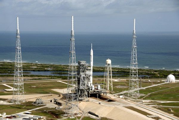 The ARES I-X rocket at Launch Complex 39B at NASA's Kennedy Space Center in Florida, on October 23, 2009.