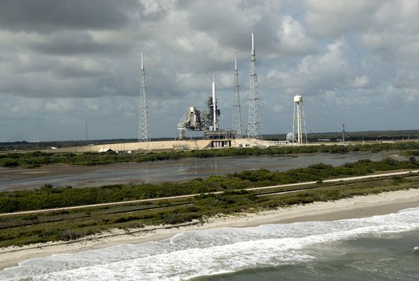 The ARES I-X rocket at Launch Complex 39B at NASA's Kennedy Space Center in Florida, on October 23, 2009.
