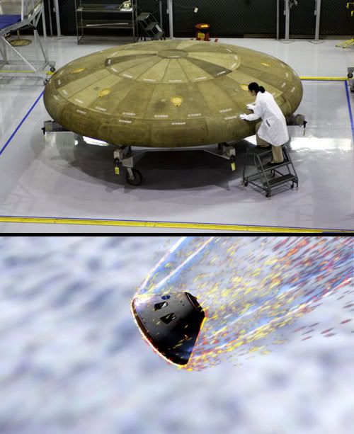 TOP PIC: Boeing engineer Elizabeth Chu inspects a prototype heat shield for the ORION Crew Exploration Vehicle.  BOTTOM PIC: A computer rendition showing ORION re-entering Earth's atmosphere.