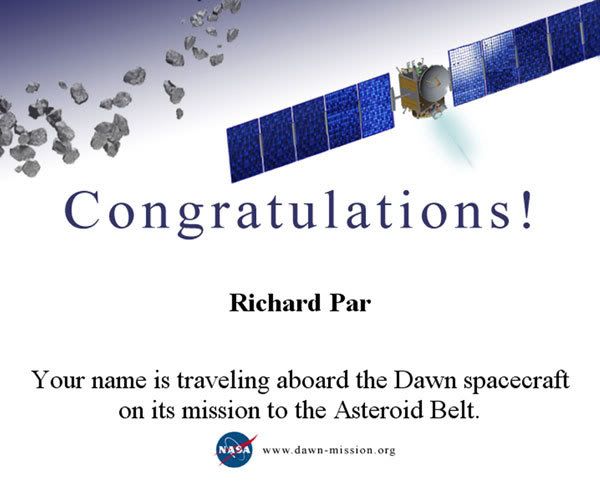 A certificate commemorating my participation in the 'Send Your Name to the Asteroid Belt' project.