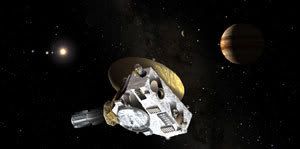 An artist's rendition depicting the New Horizons spacecraft flying by Jupiter.