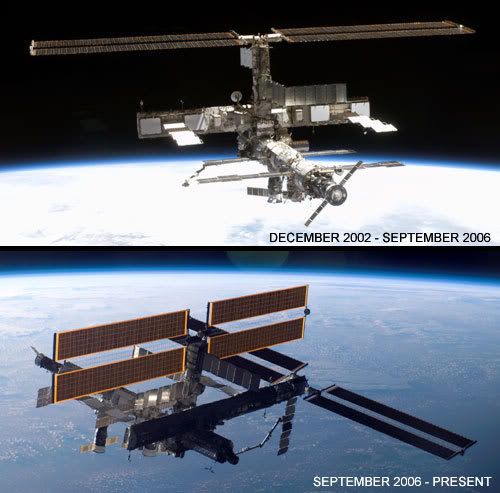 Before-and-after photos of the International Space Station, in regards to the just-completed STS-115 flight.