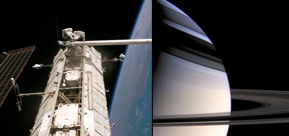 LEFT IMAGE: Astronauts working outside the International Space Station (July 8, 2006)... RIGHT IMAGE: Saturn in an image taken by the Cassini spacecraft (December 22, 2005)