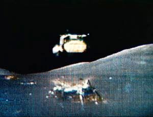 The ascent stage of a lunar module takes off into space