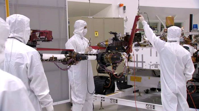 Engineers are about to install a robotic arm onto the CURIOSITY Mars Rover at NASA's Jet Propulsion Laboratory in Pasadena, California.