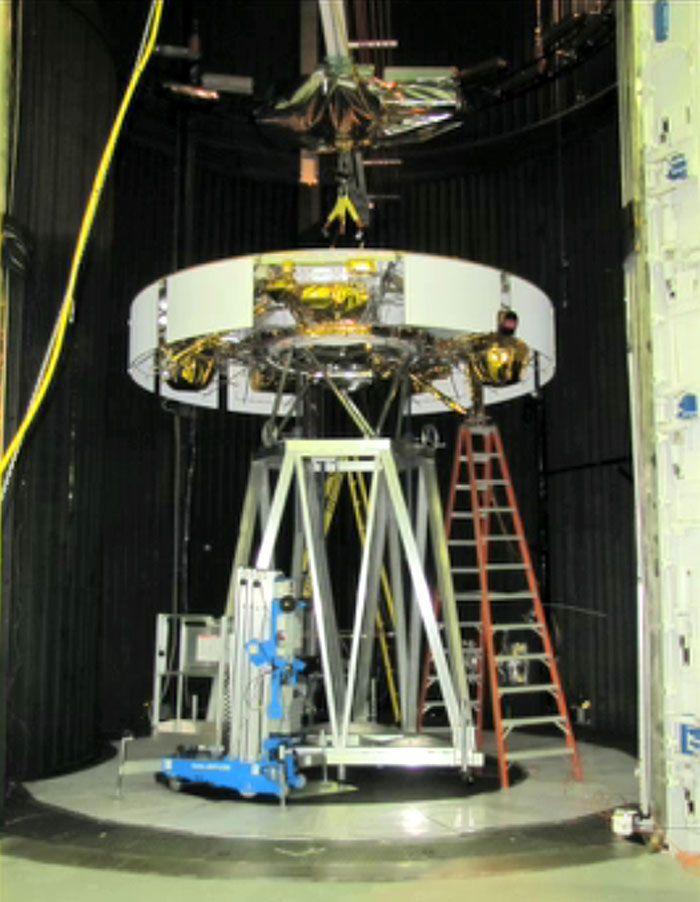 The MSL's cruise stage is prepped for testing inside a thermal vacuum chamber at NASA's Jet Propulsion Laboratory in California.
